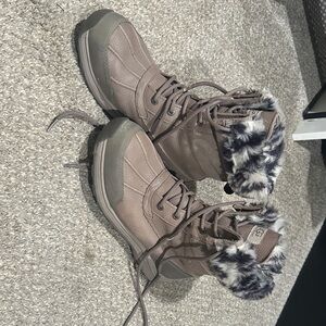 UGG Gray and Brown Winter Boots with Fur Trim